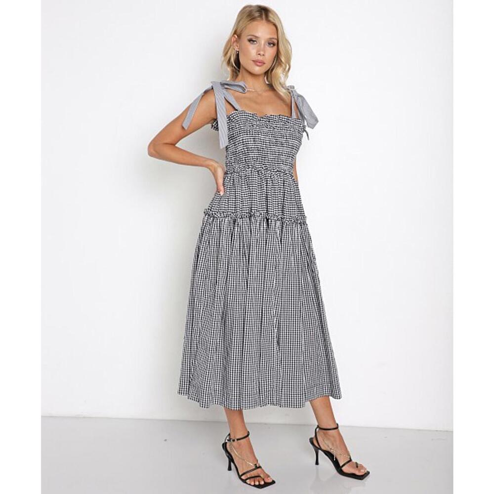 NWT Revolve En Saison Gingham Smocked Midi Dress Black Small